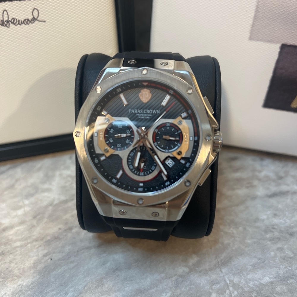Paras Crown Chronograph Stainless Steel Sport Watch – Black Rubber Strap